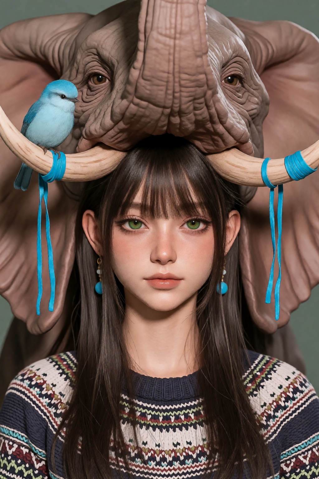 @zbrush,  The image is a striking and surreal illustration that merges human and animal features. At the center is a young...