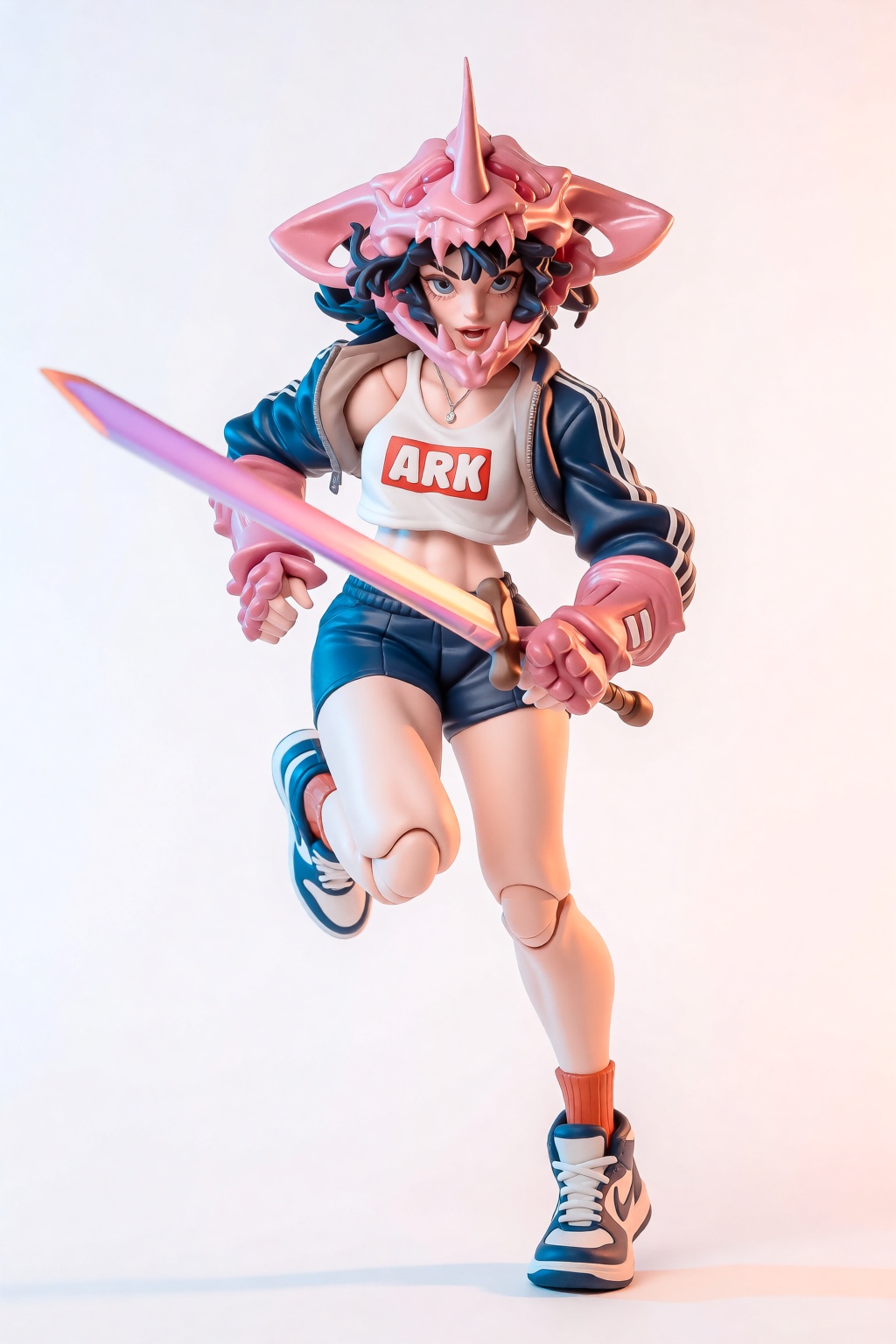 {"high_level_description":"A dynamic,  high-gloss 3D designer toy of a female warrior sprinting forward. The character fea...