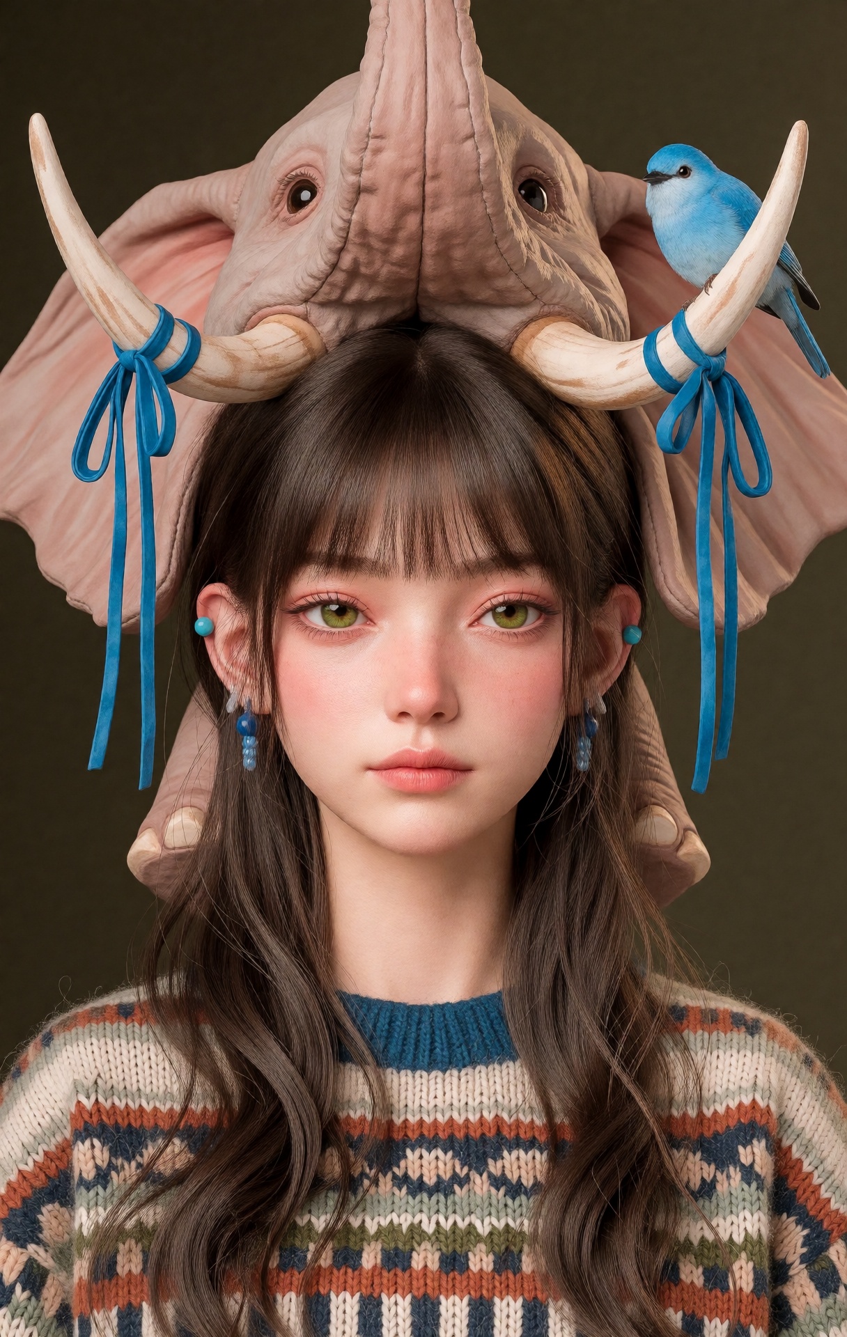 @zbrush,  The image is a striking and surreal illustration that merges human and animal features. At the center is a young...