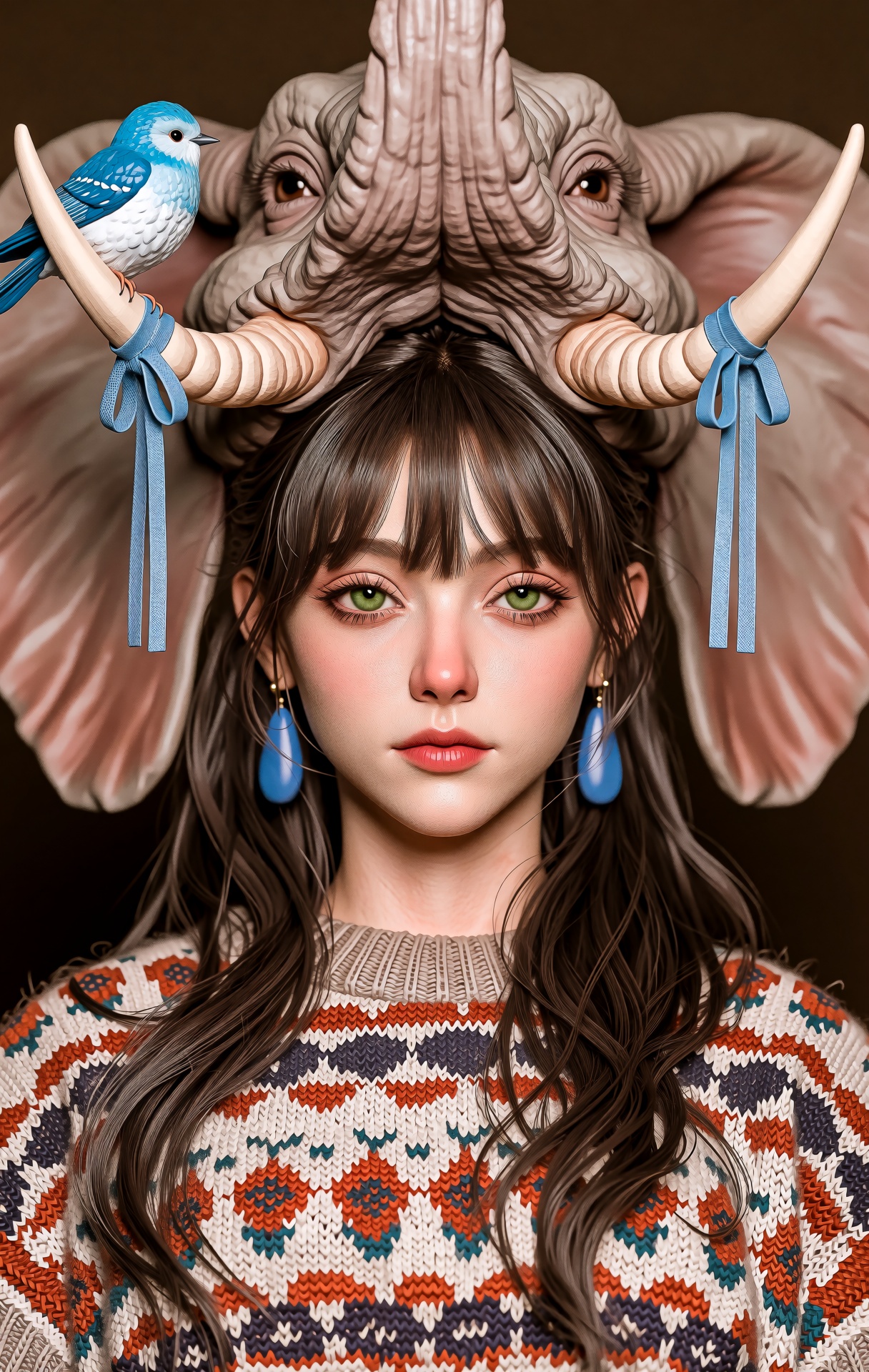 @zbrush,  The image is a striking and surreal illustration that merges human and animal features. At the center is a young...