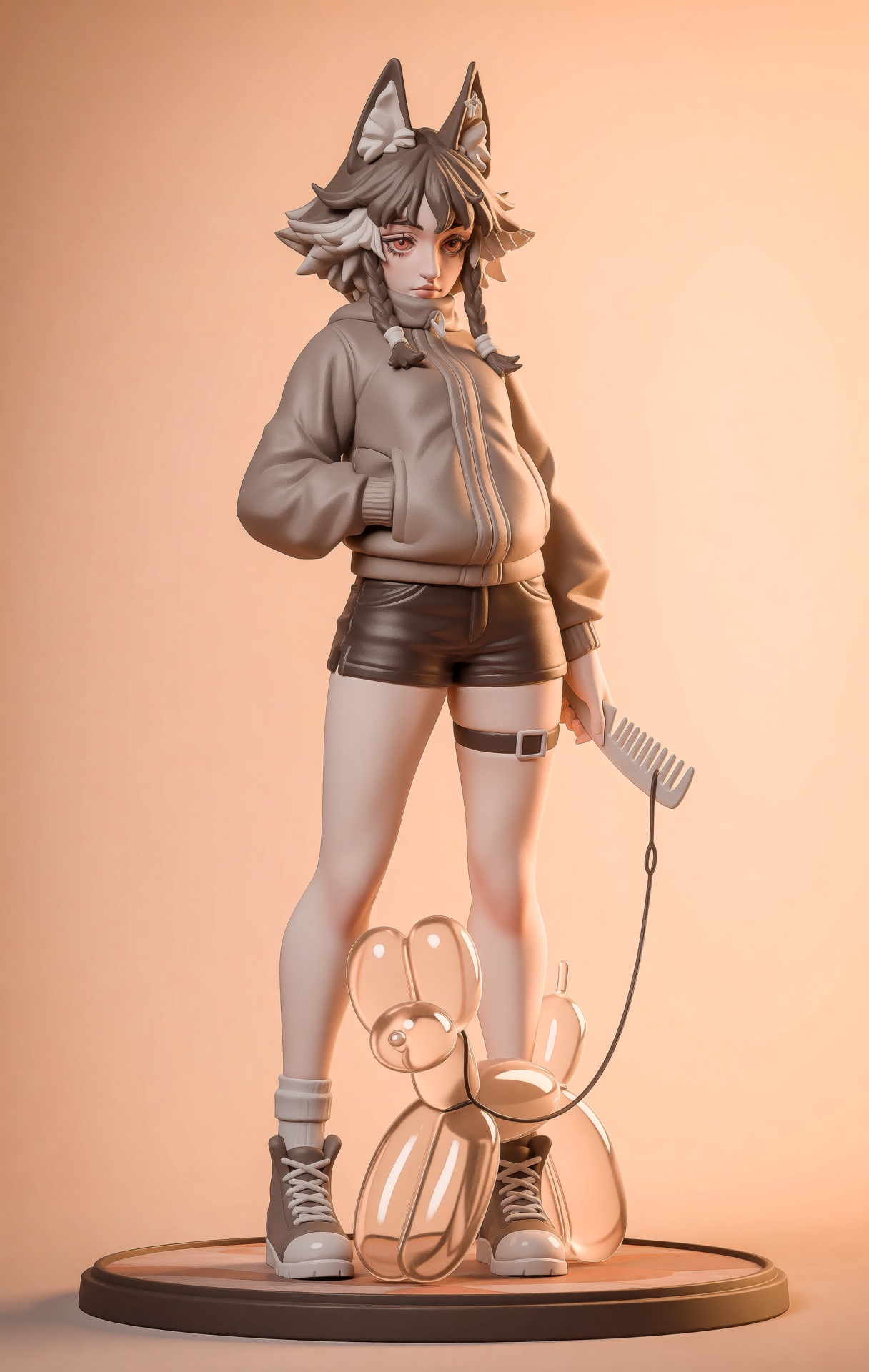 @zbrush,  The image features a detailed colored figurine of a character with a wolf-like head,  complete with pointed ears...