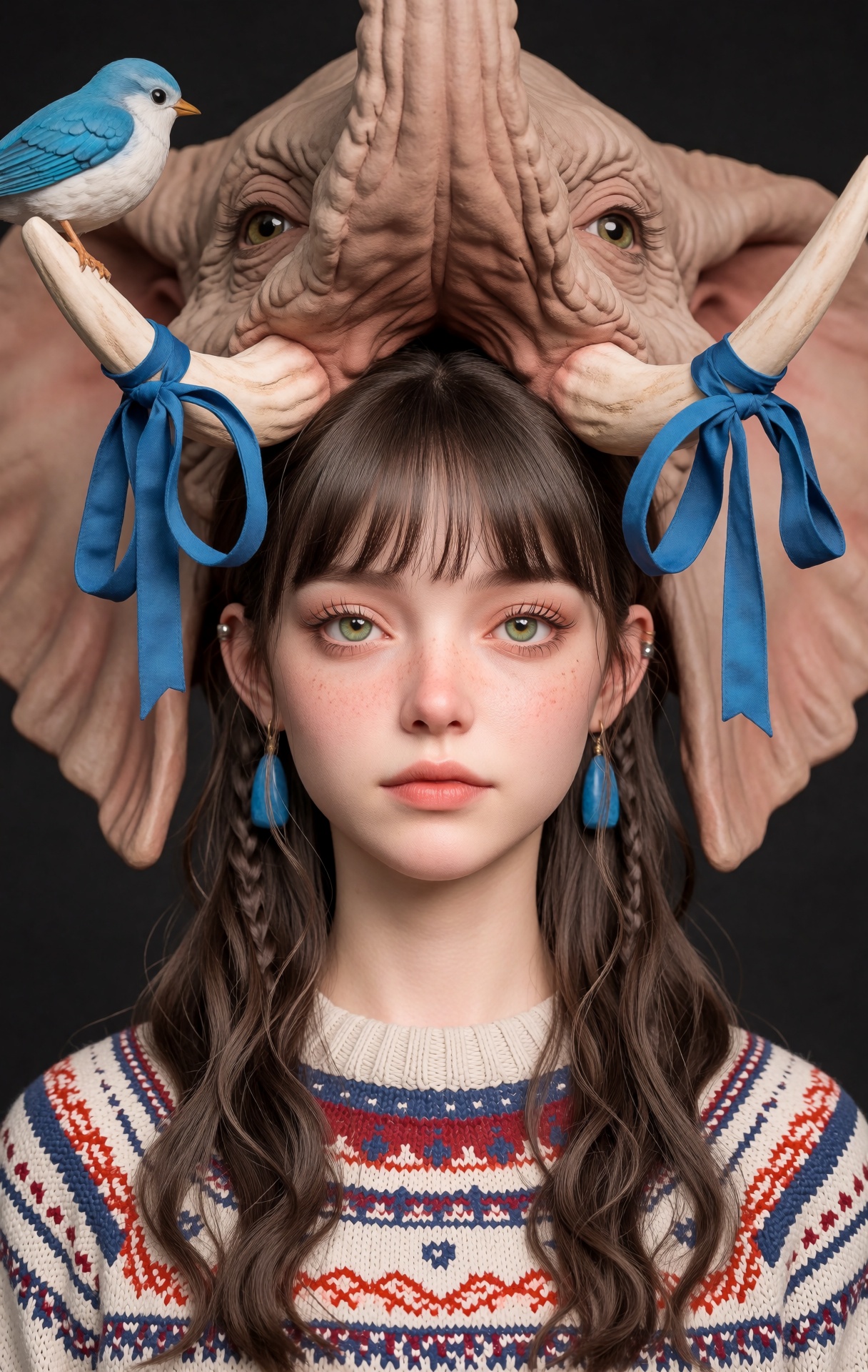 @zbrush,  The image is a striking and surreal illustration that merges human and animal features. At the center is a young...