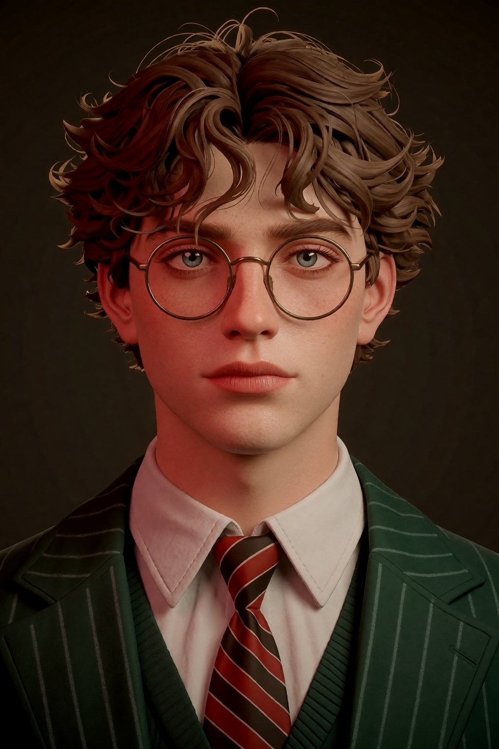 The image depicts a detailed 3D-rendered portrait of a young man. He has tousled,  wavy brown hair and is wearing round,...
