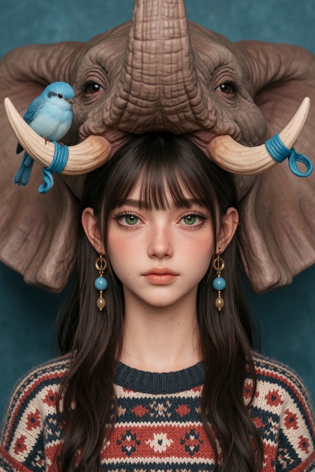 @zbrush,  The image is a striking and surreal illustration that merges human and animal features. At the center is a young...