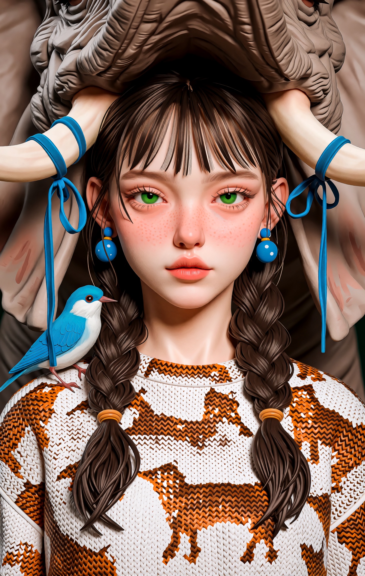 @zbrush,  The image is a striking and surreal illustration that merges human and animal features. At the center is a young...