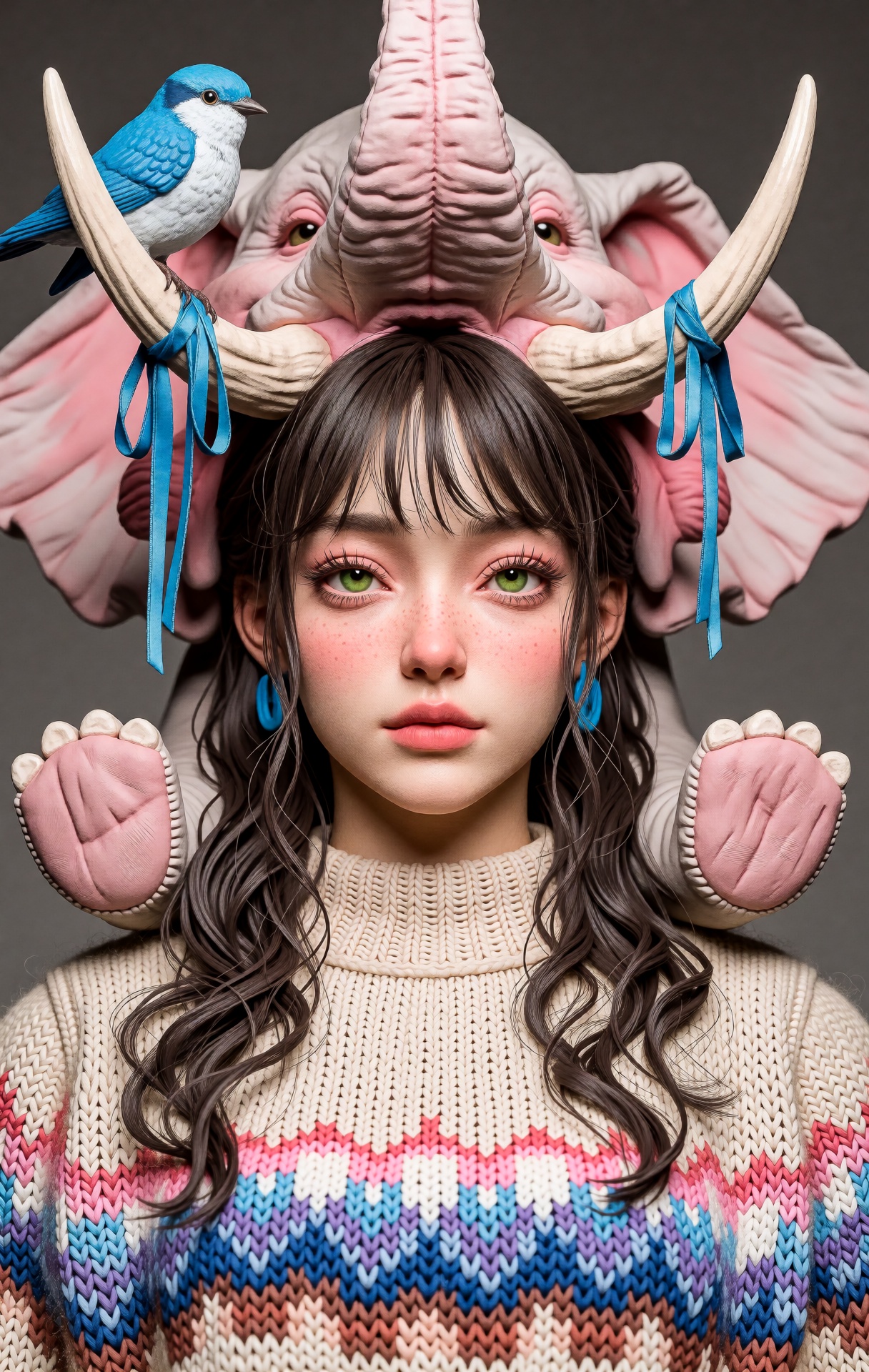 @zbrush,  The image is a striking and surreal illustration that merges human and animal features. At the center is a young...