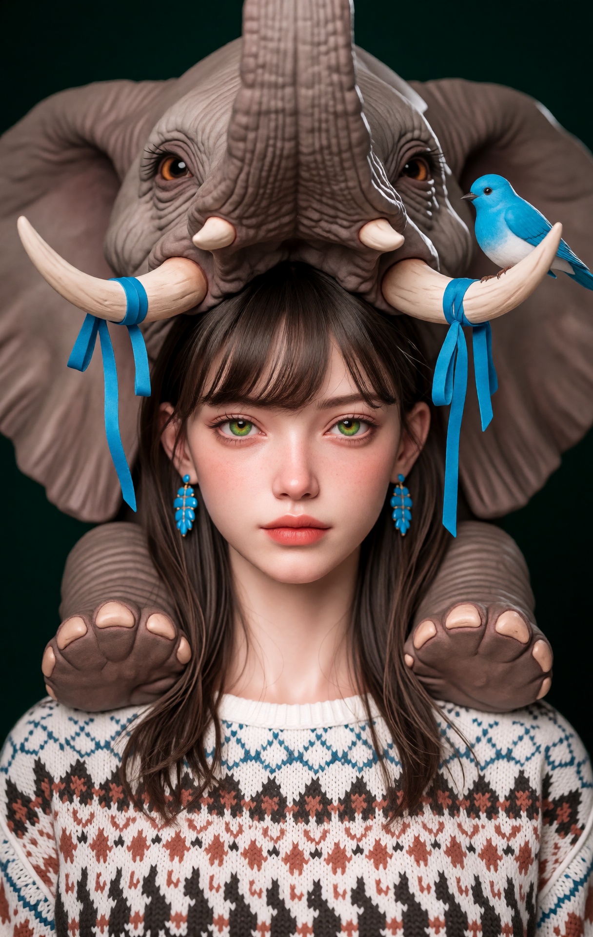 @zbrush,  The image is a striking and surreal illustration that merges human and animal features. At the center is a young...