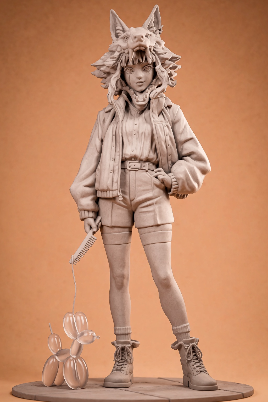 @zbrush,  The image features a detailed colored figurine of a character with a wolf-like head,  complete with pointed ears...