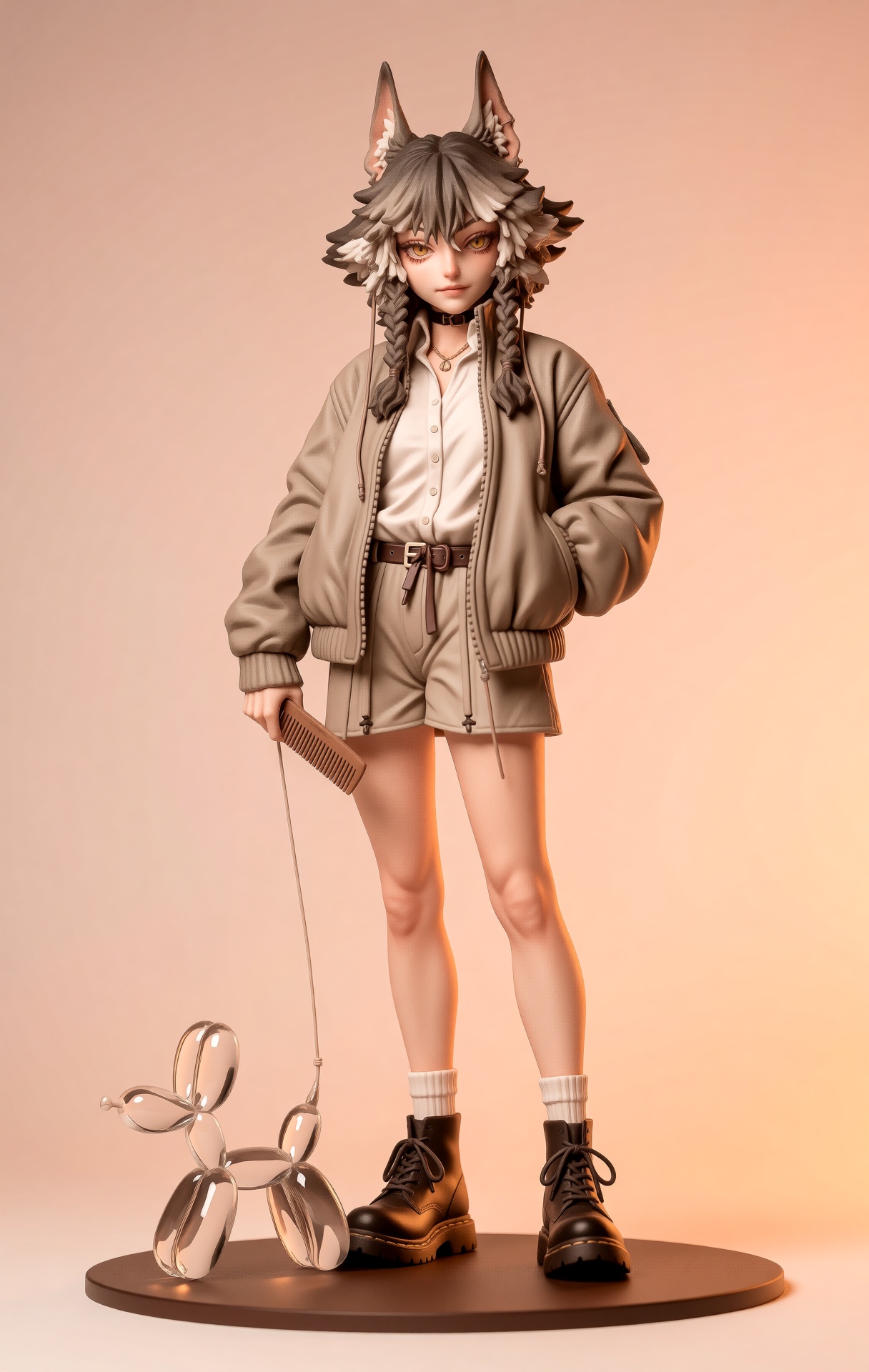 @zbrush,  The image features a detailed colored figurine of a character with a wolf-like head,  complete with pointed ears...
