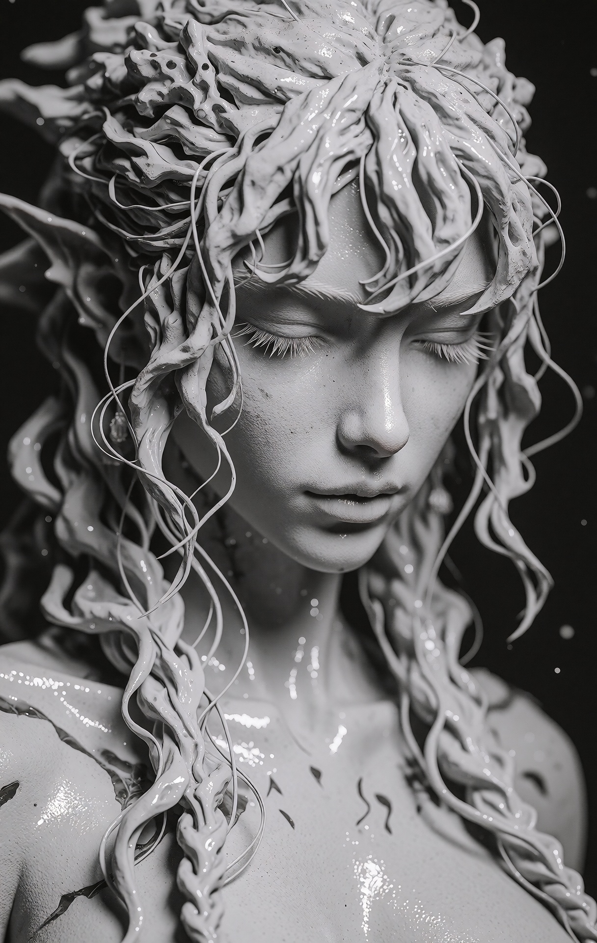 @zbrush,  The image is a striking 3D digital artwork of a female character with an ethereal,  otherworldly appearance. The...