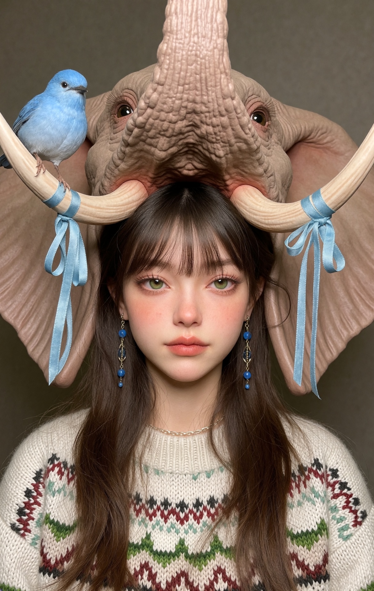 @zbrush,  The image is a striking and surreal illustration that merges human and animal features. At the center is a young...