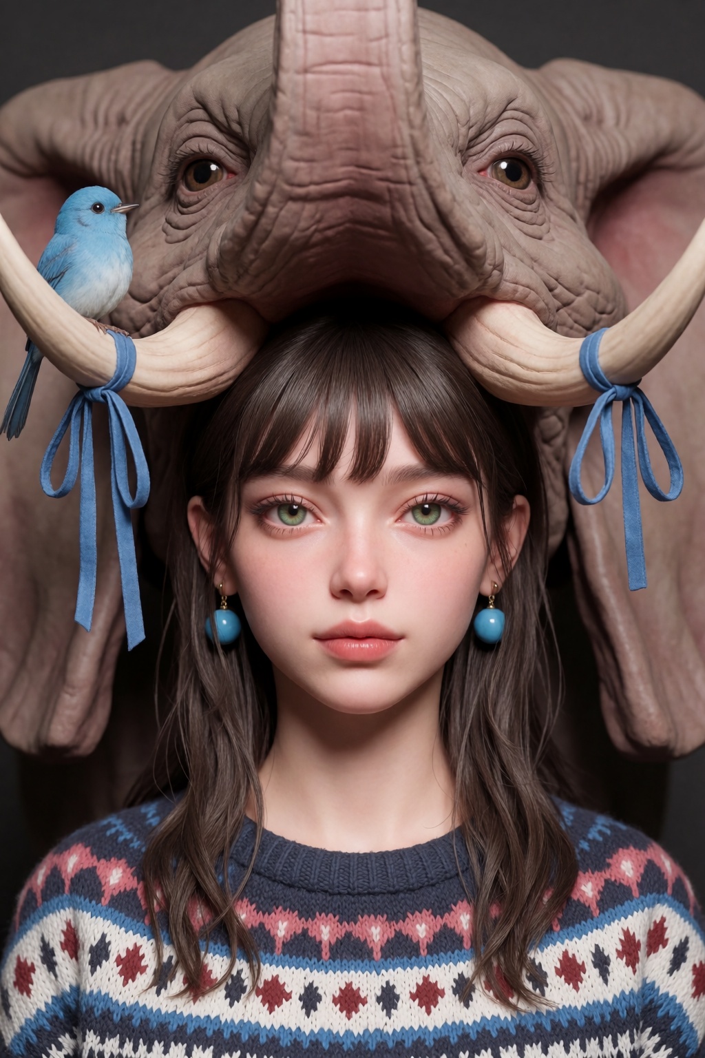 @zbrush,  The image is a striking and surreal illustration that merges human and animal features. At the center is a young...