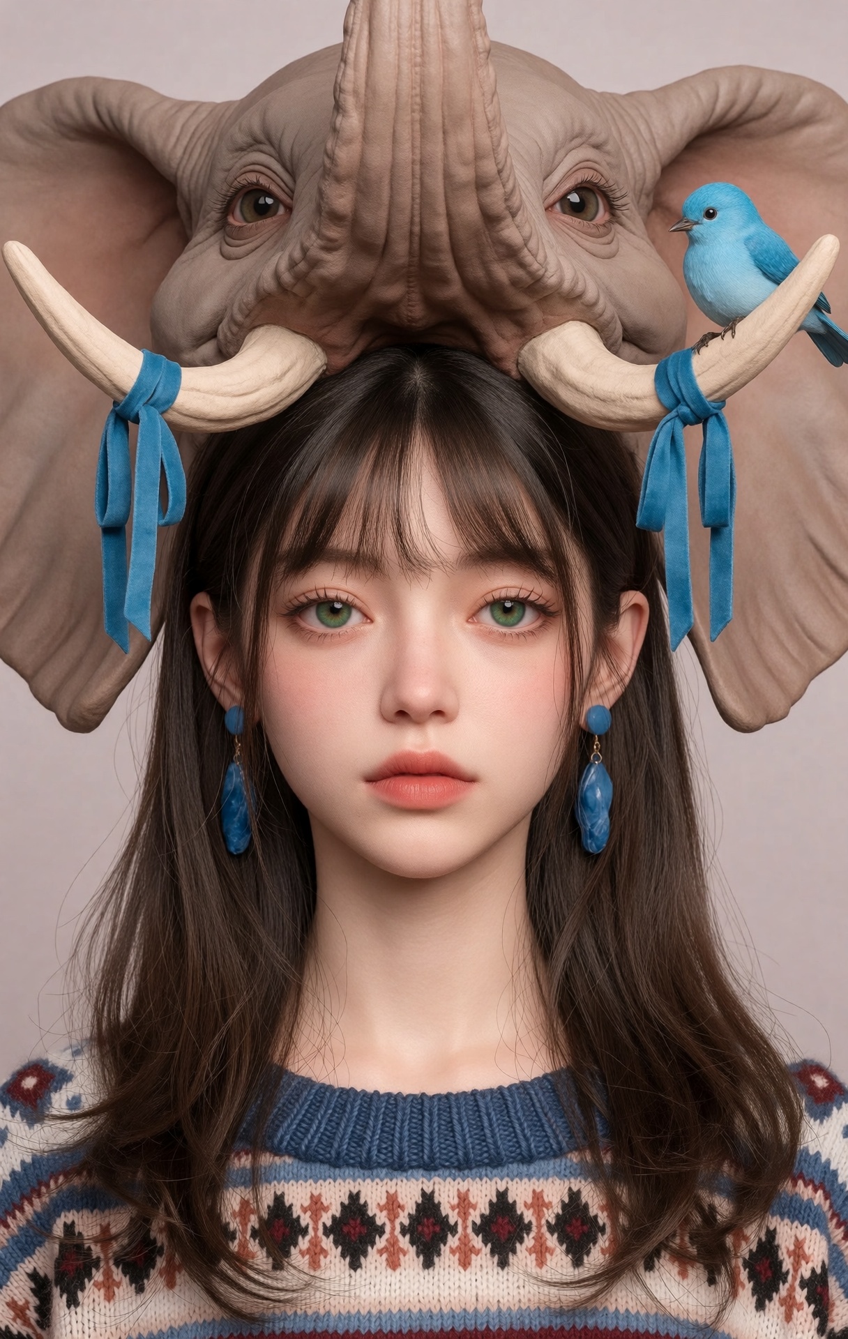 @zbrush,  The image is a striking and surreal illustration that merges human and animal features. At the center is a young...