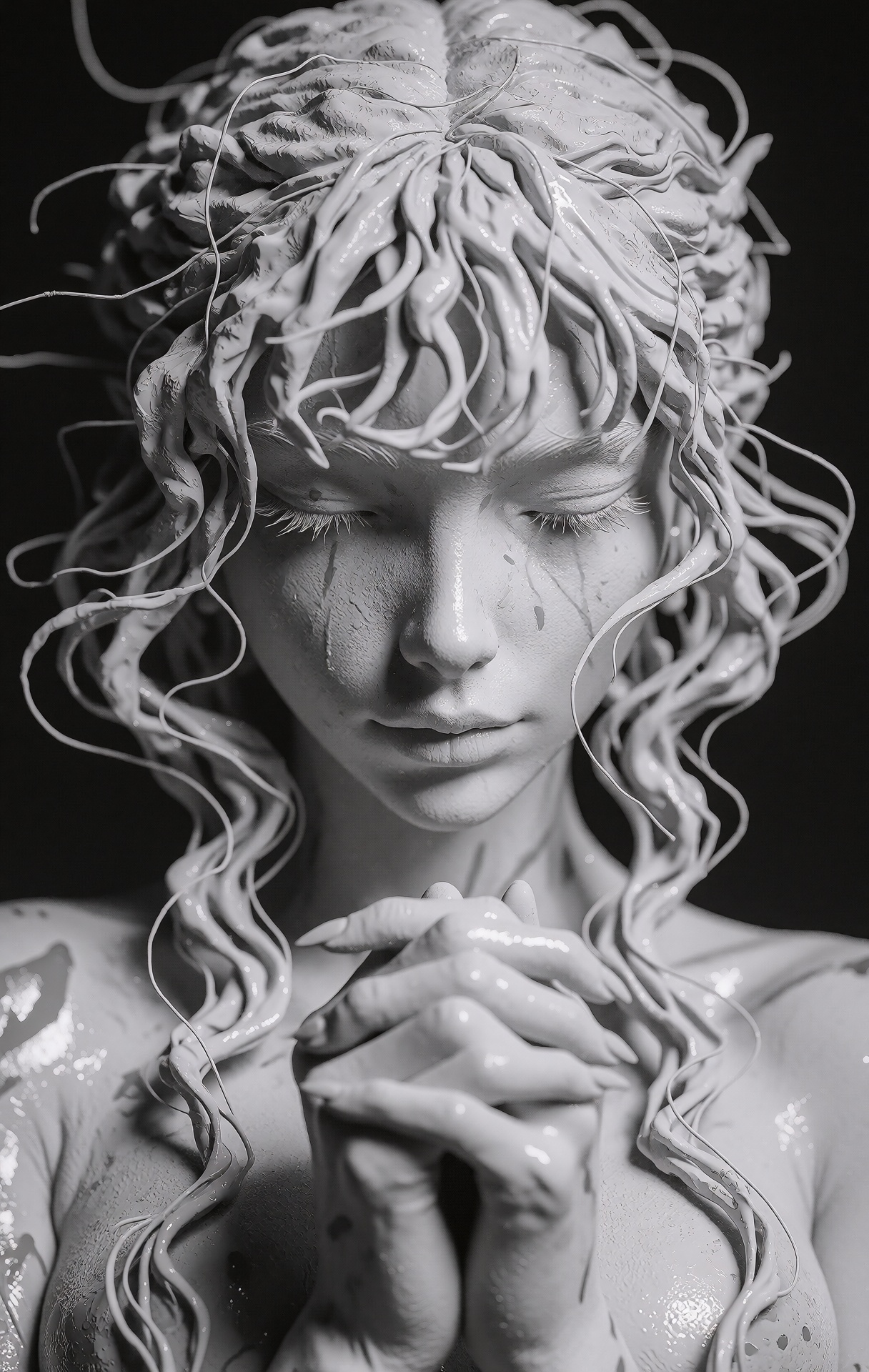@zbrush,  The image is a striking 3D digital artwork of a female character with an ethereal,  otherworldly appearance. The...