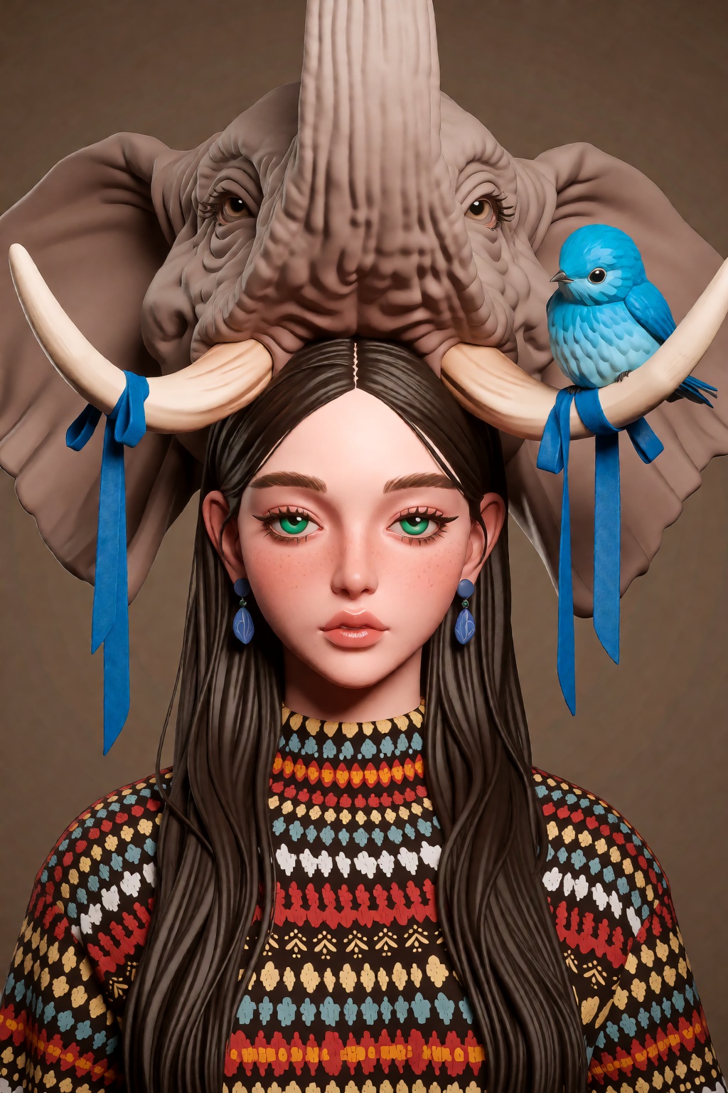 @zbrush,  The image is a striking and surreal illustration that merges human and animal features. At the center is a young...