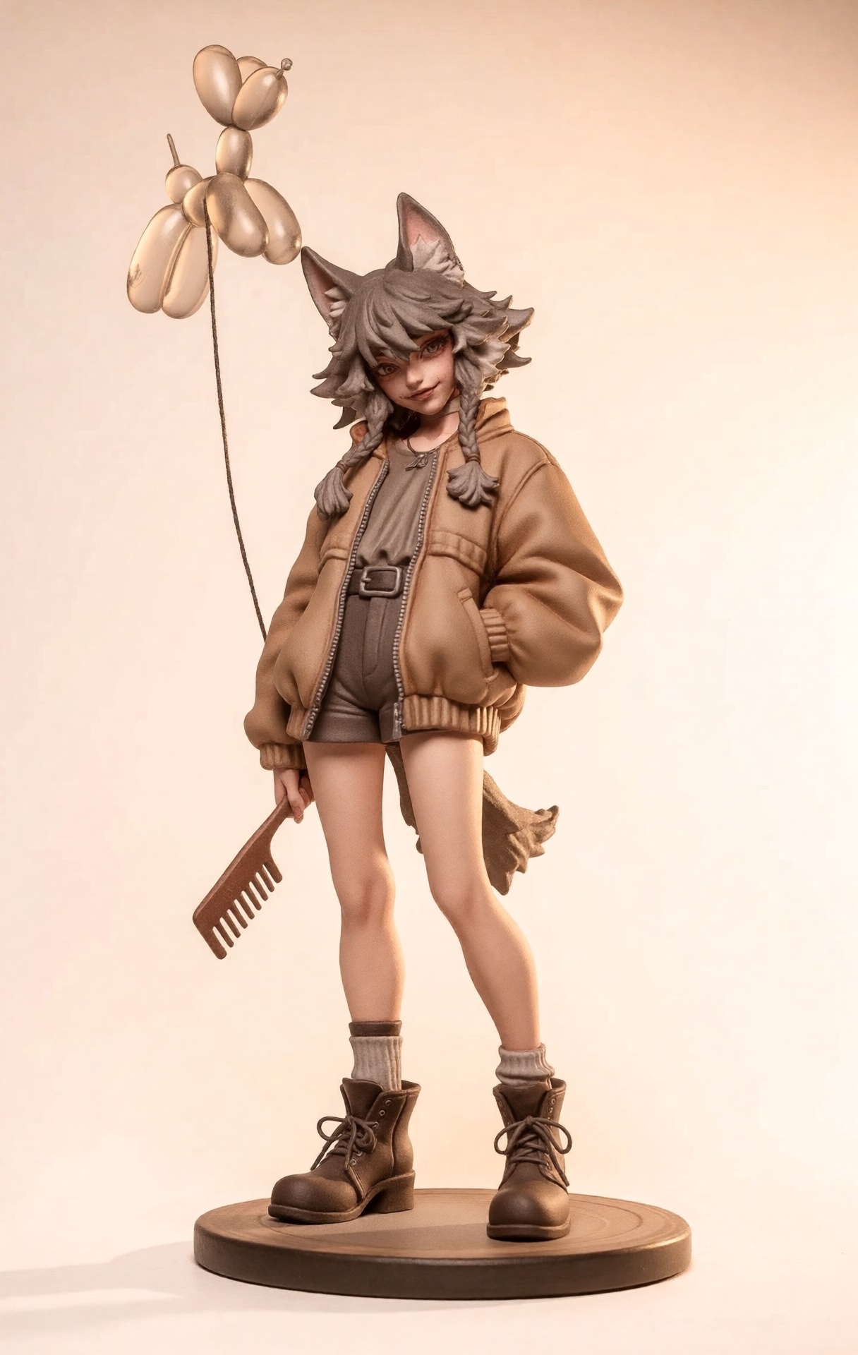 @zbrush,  The image features a detailed colored figurine of a character with a wolf-like head,  complete with pointed ears...