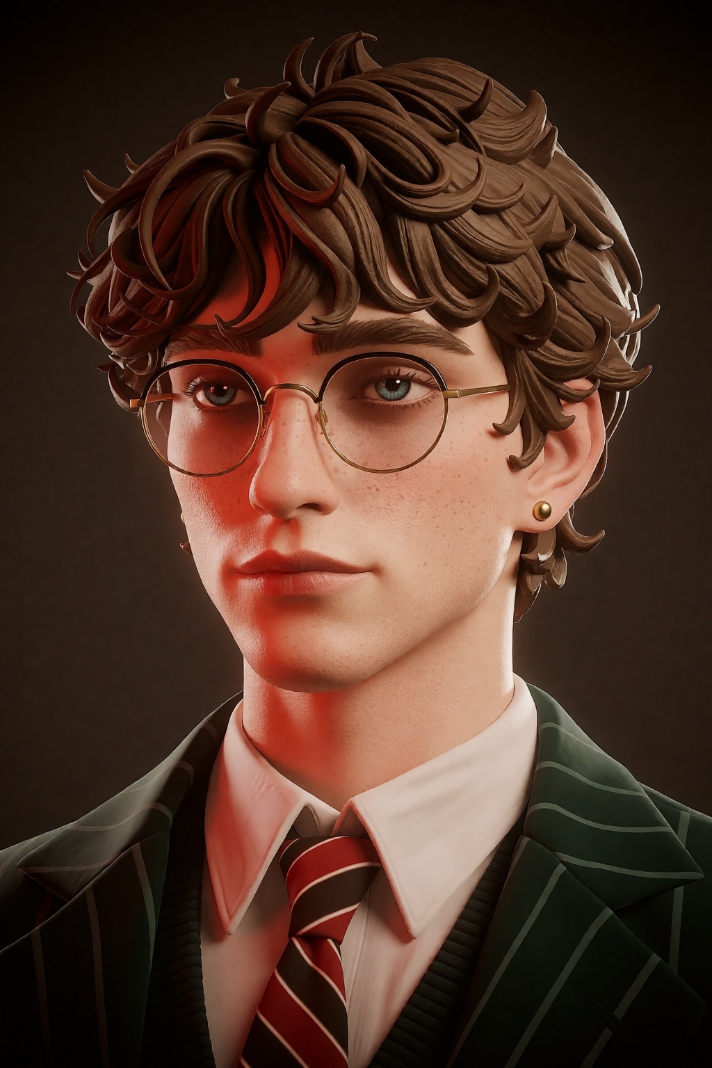 The image depicts a detailed 3D-rendered portrait of a young man. He has tousled,  wavy brown hair and is wearing round,...