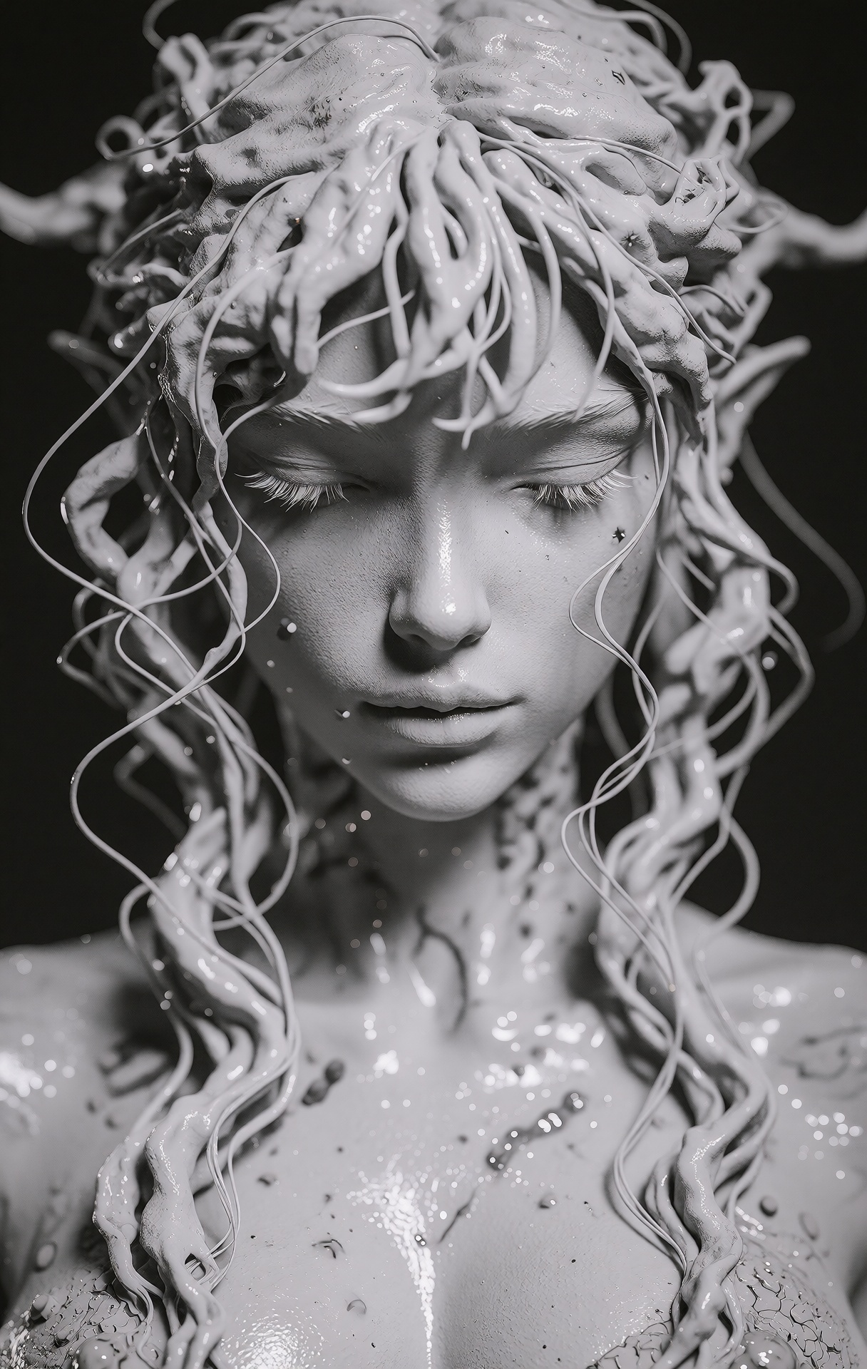 @zbrush,  The image is a striking 3D digital artwork of a female character with an ethereal,  otherworldly appearance. The...