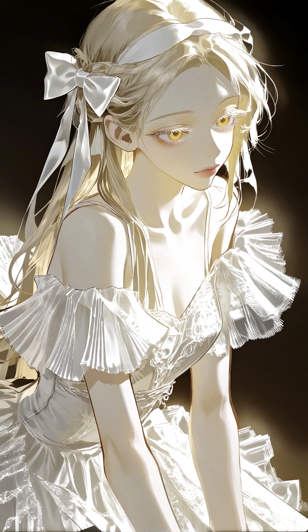 fangstyle,  A young woman with blonde hair and golden-yellow eyes,  wearing a white dress with intricate pleated and ruffl...