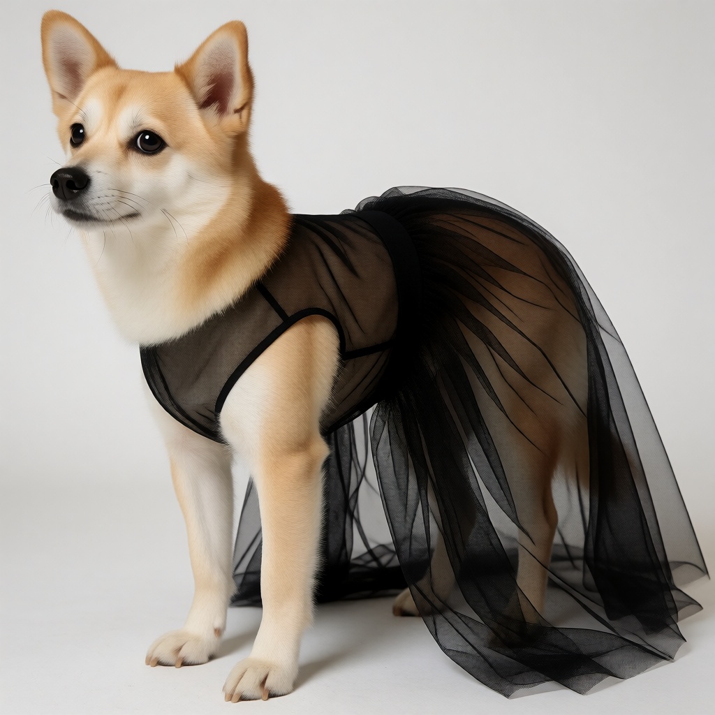 a dog wearing a black tulle dress on Tensor.Art