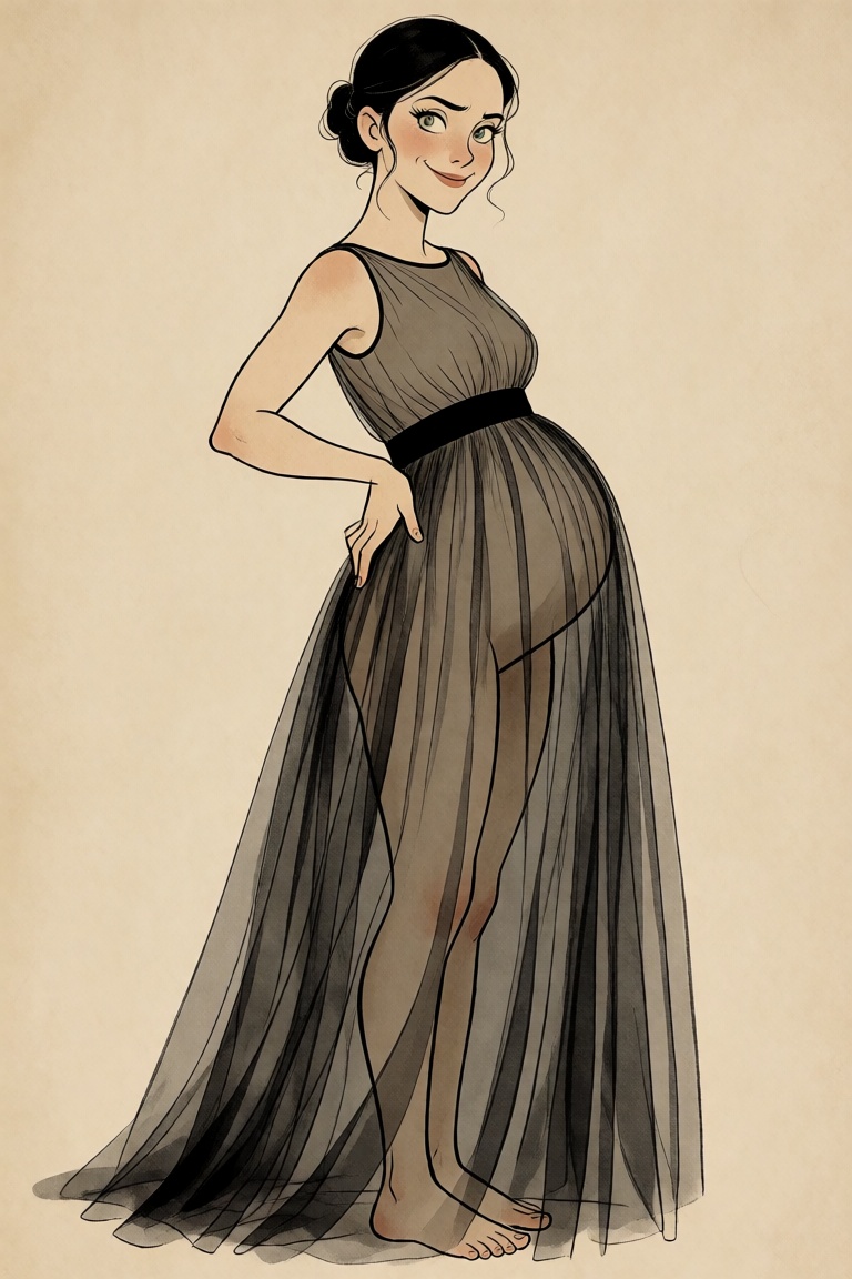 A pregnant woman wearing a sleeveless black tulle dress,  looking at the viewer with an amused expression on Tensor.Art
