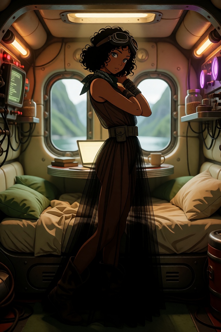 A feminine ***** with warm bronze skin and natural grey eyes,  soft black corkscrew curls shaved close,  wears a black tul...