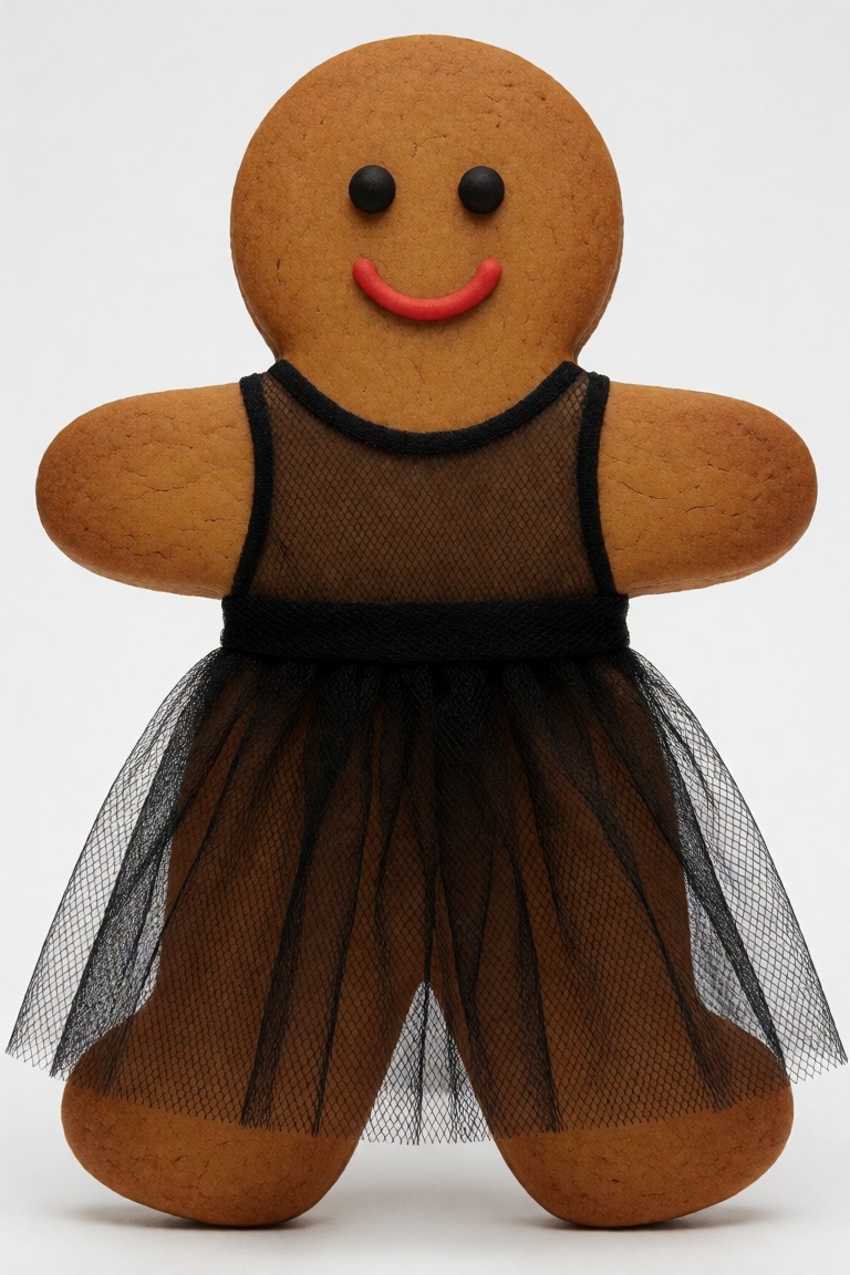 A gingerbread woman cookie wearing a sleeveless black tulle dress on Tensor.Art