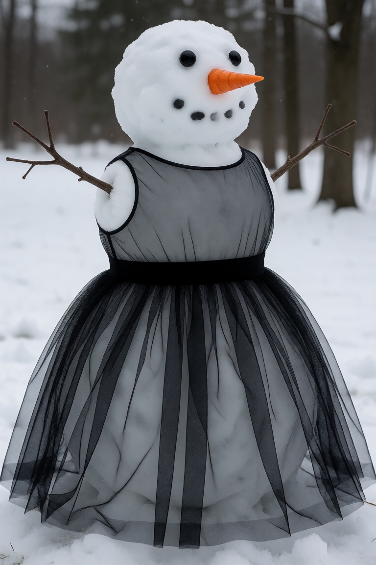 A snowman wearing a sleeveless black tulle dress on Tensor.Art