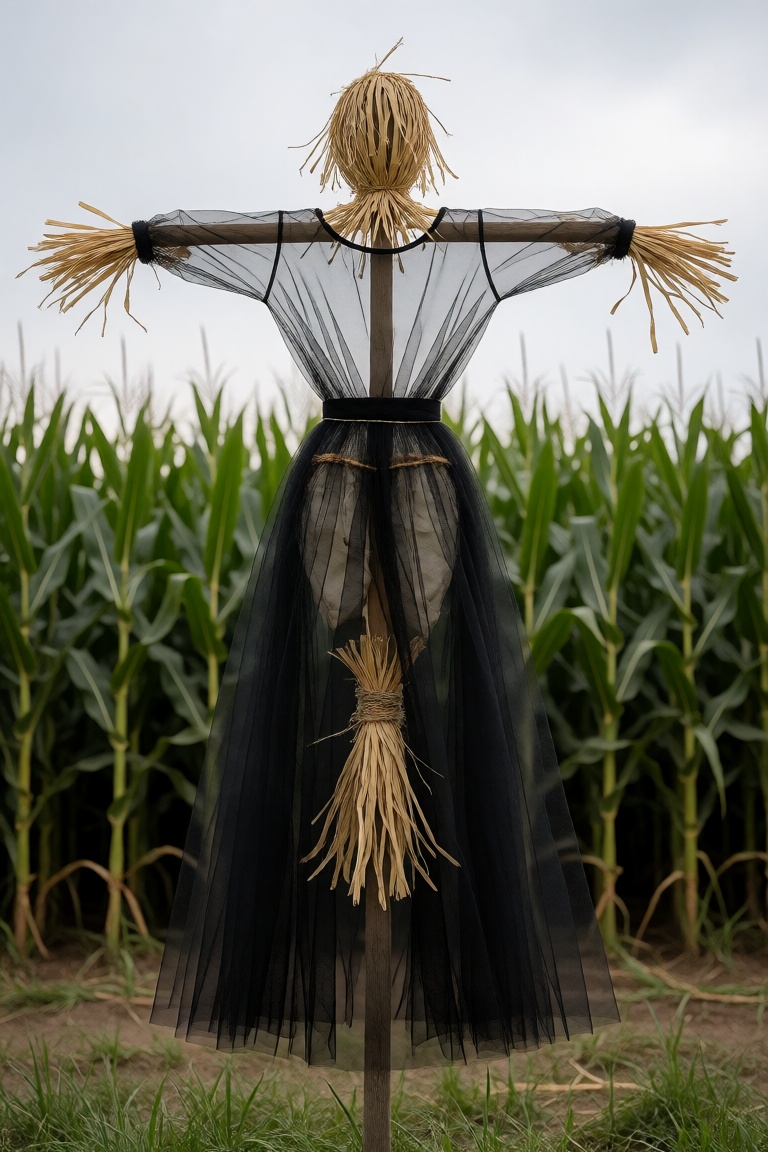 A scarecrow on a post on a cornfield wearing a black tulle dress on Tensor.Art