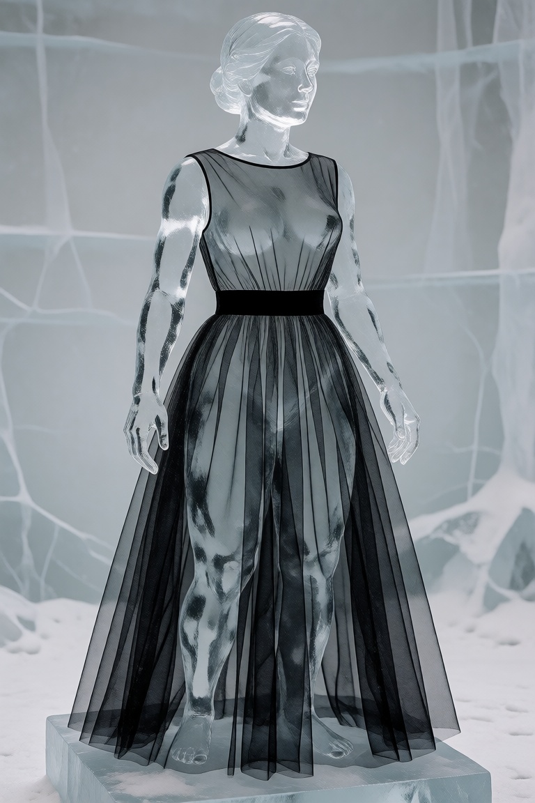 An ice sculpture wearing a sleeveless black tulle dress on Tensor.Art