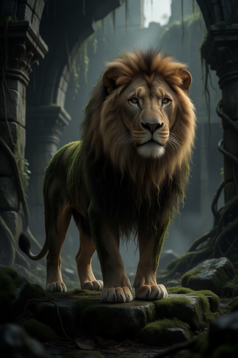 A majestic lion,  its mane tattered and overgrown with moss,  stands guard over a crumbling ancient ruin. Vines snake thro...