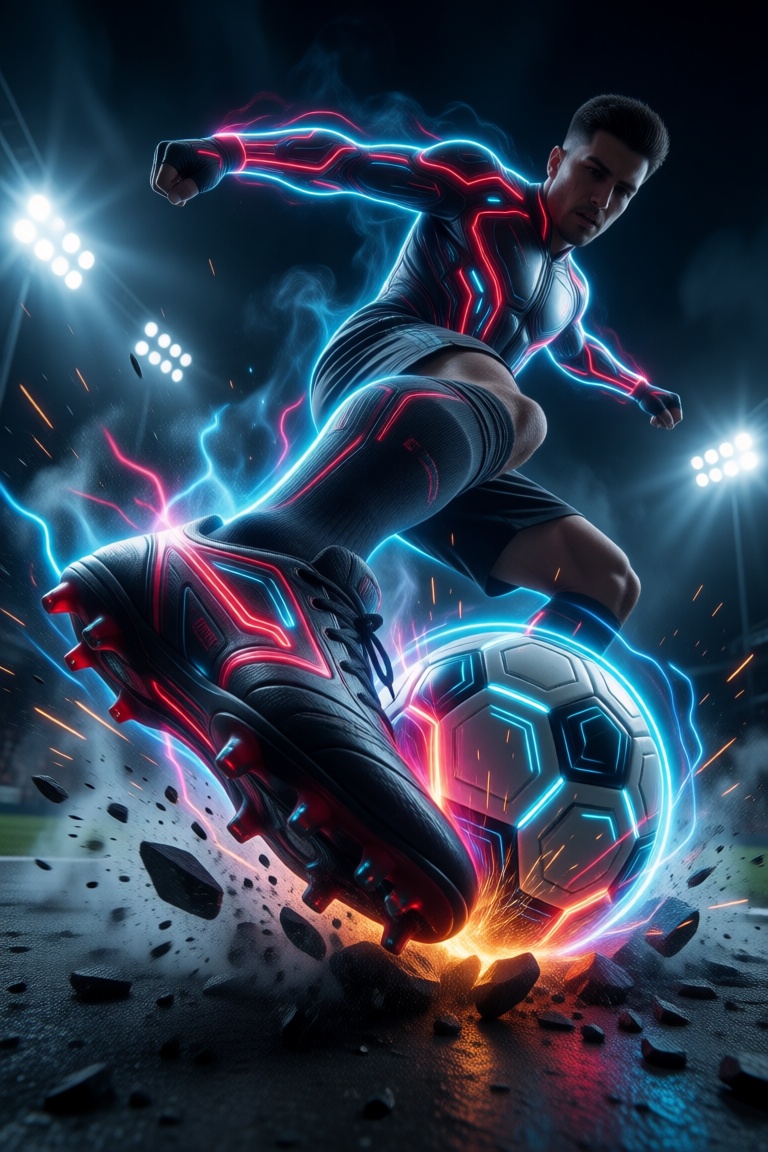 An explosive,  high-octane sports photograph captured from a dramatic low-angle ground perspective. The focal point is a f...