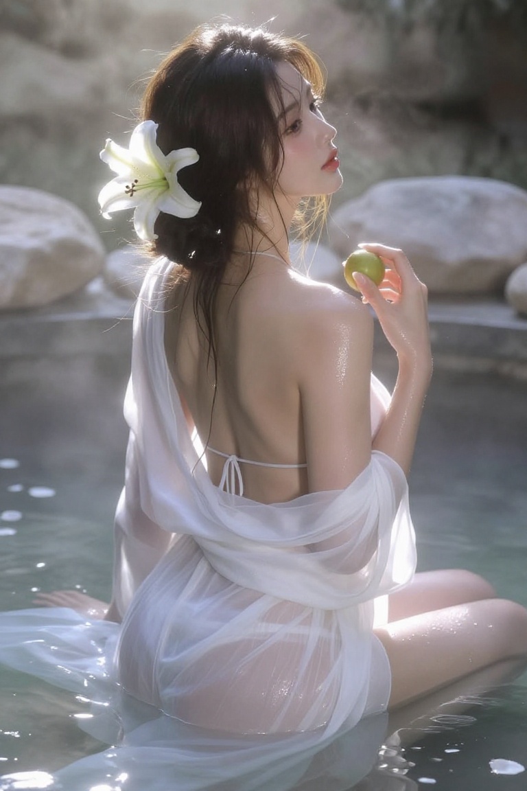 Photorealistic ethereal portrait of a beautiful young woman from behind,  sitting in a natural hot spring,  dark brown hai...