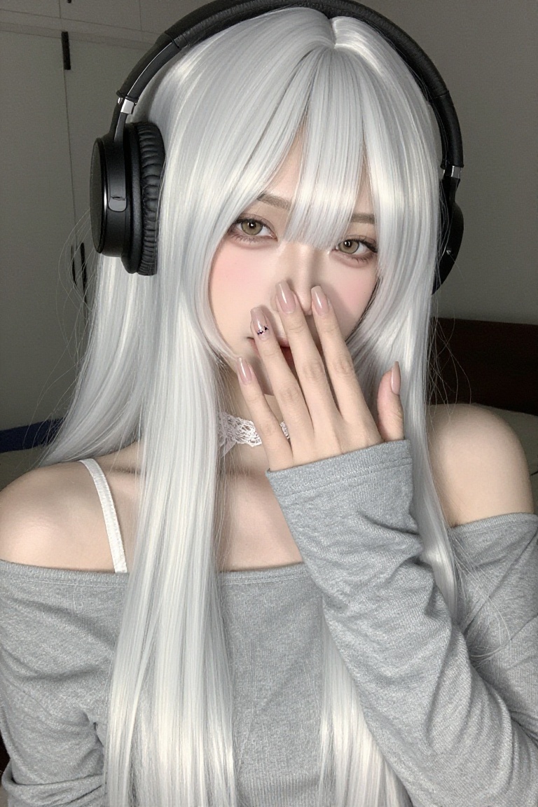 A close-up selfie of a beautiful young East Asian girl with long straight pure white silver hair,  heavy straight bangs co...