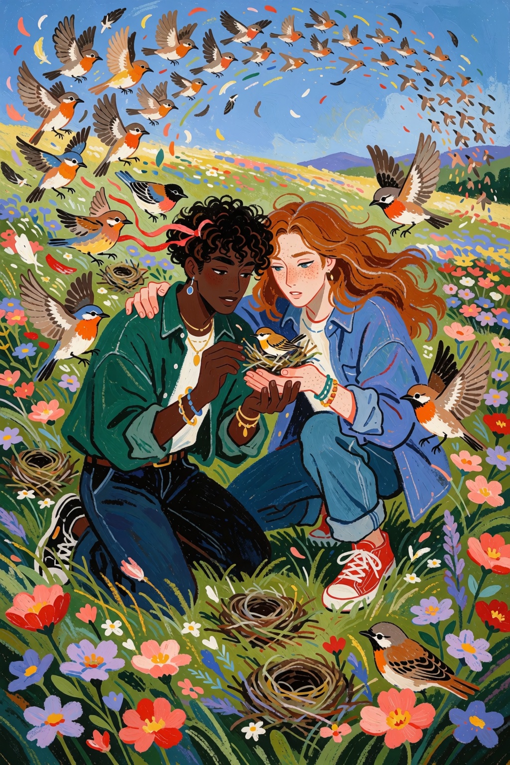 Quinnique,  two extraordinarily handsome ***** men in a sprawling sunlit field,  one with deep brown skin on Tensor.Art