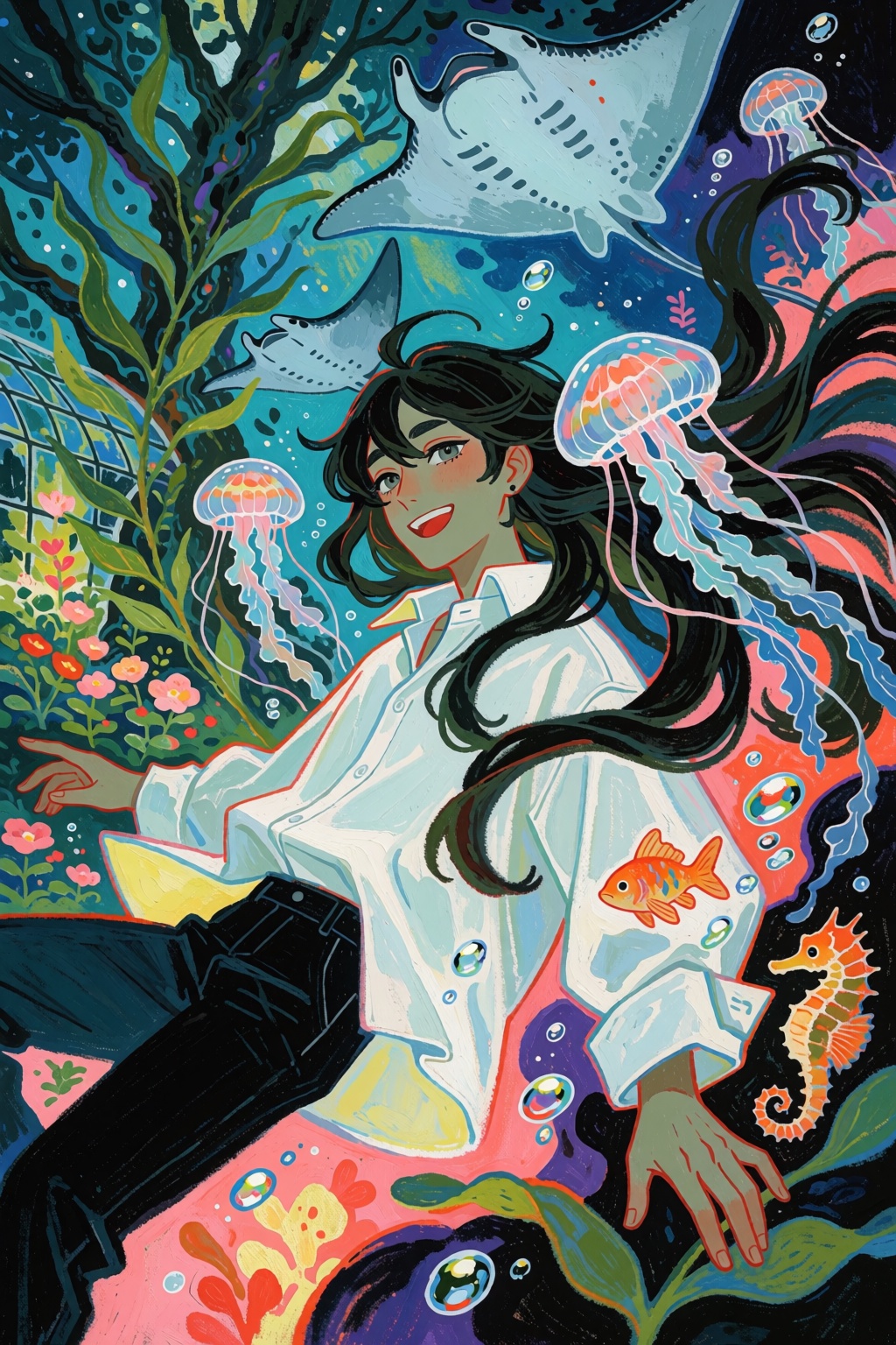 Quinnique,  beautiful ***** man with pale olive skin,  long dark hair floating in loose ribbons on Tensor.Art