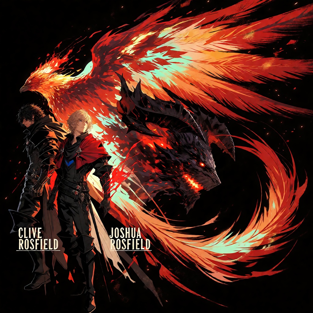 A dramatic Final Fantasy XVI fantasy illustration featuring Clive Rosfield and his younger brother Joshua Rosfield,  surro...