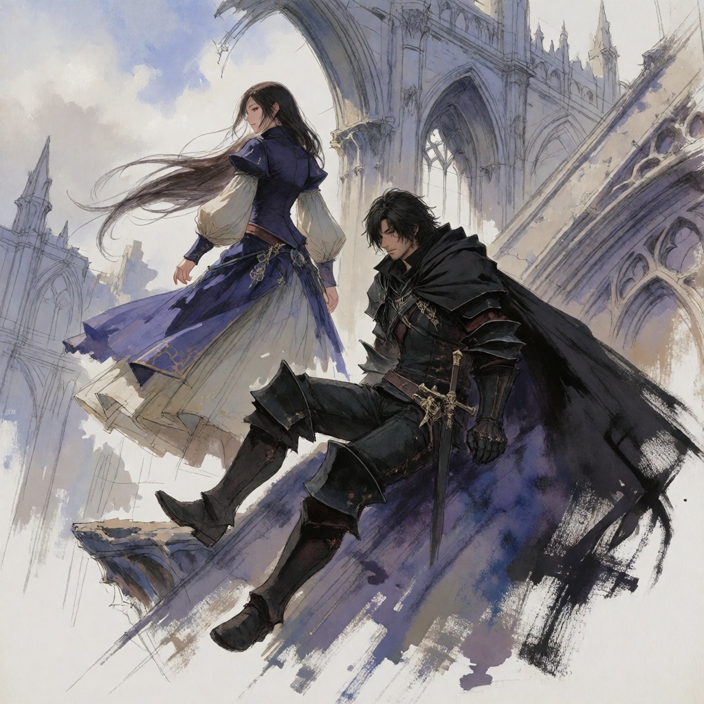An unfinished traditional Japanese dark fantasy RPG illustration,  painted by hand using rough opaque gouache,  diluted wa...