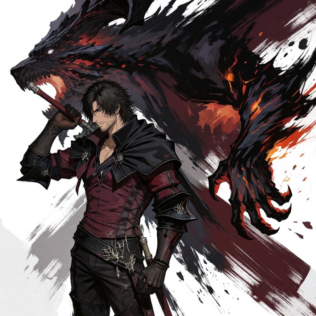 A dramatic hand-painted Japanese dark fantasy character illustration featuring Clive Rosfield and Ifrit from Final Fantasy...
