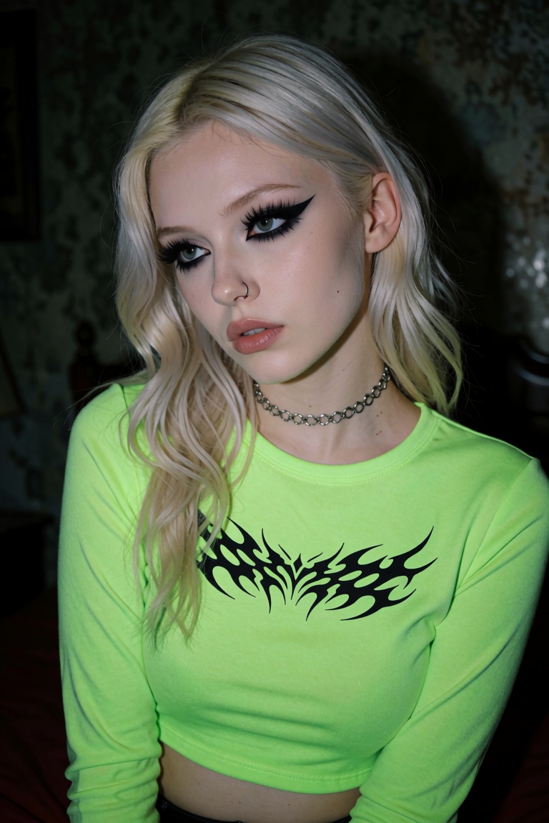 This is a photograph of a young woman with a fair complexion and platinum blonde hair styled in loose waves. She has strik...