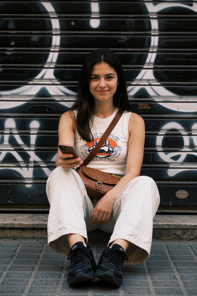 photo of a smirk young woman,  sitting on the ground against a closed metal shutter with graffiti on it. She is wearing a...