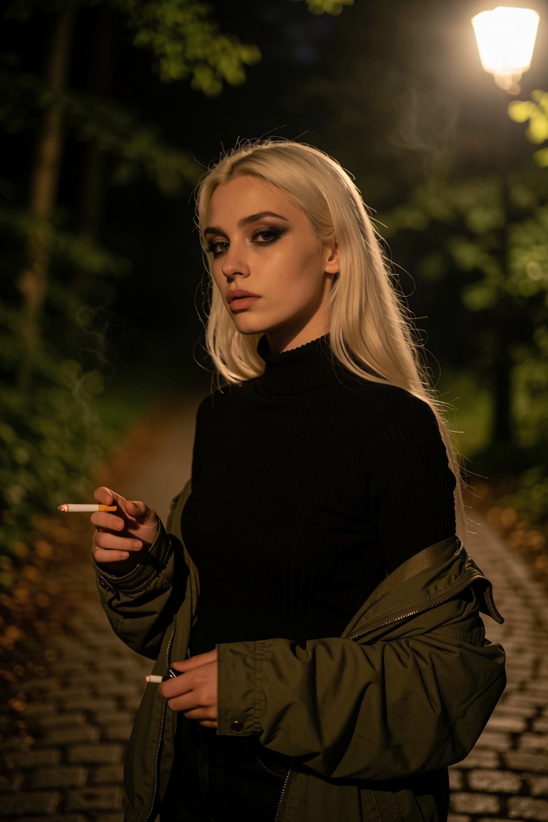 This photograph captures a young woman in a dimly lit,  nighttime outdoor setting. She is standing on a cobblestone path,...