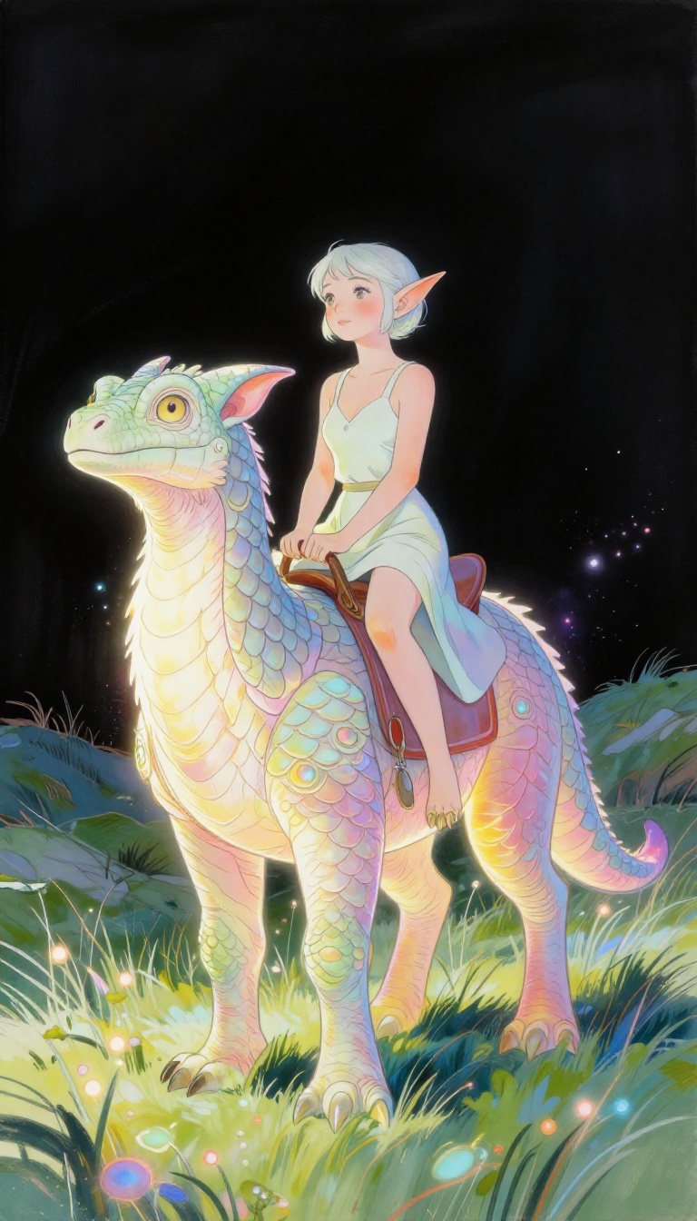 detailed gouache painting :: depict an elf-wrangler riding on the back of a majestic its scales and fur a pale color,  alp...