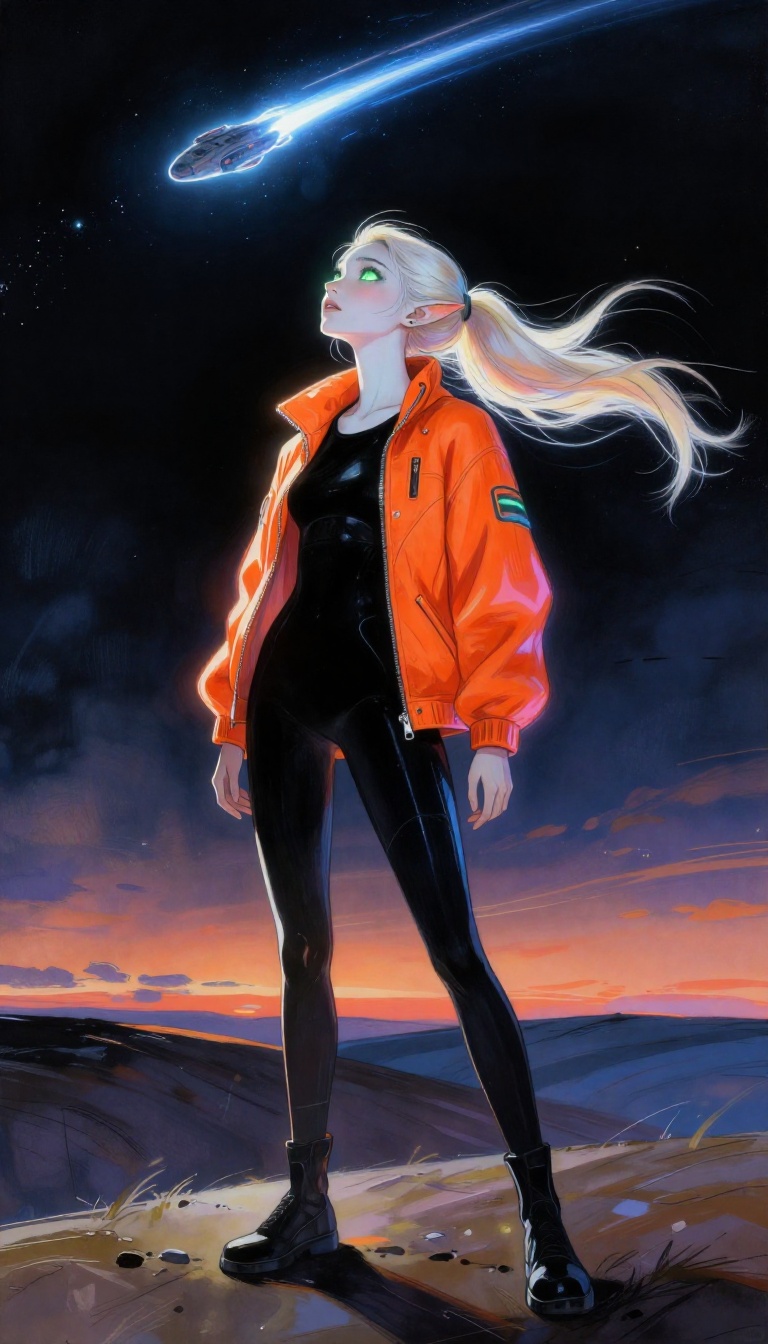 detailed gouache painting :: Scavengers Reign digital 2D surreal science-fiction animated still :: elf woman in modern clo...