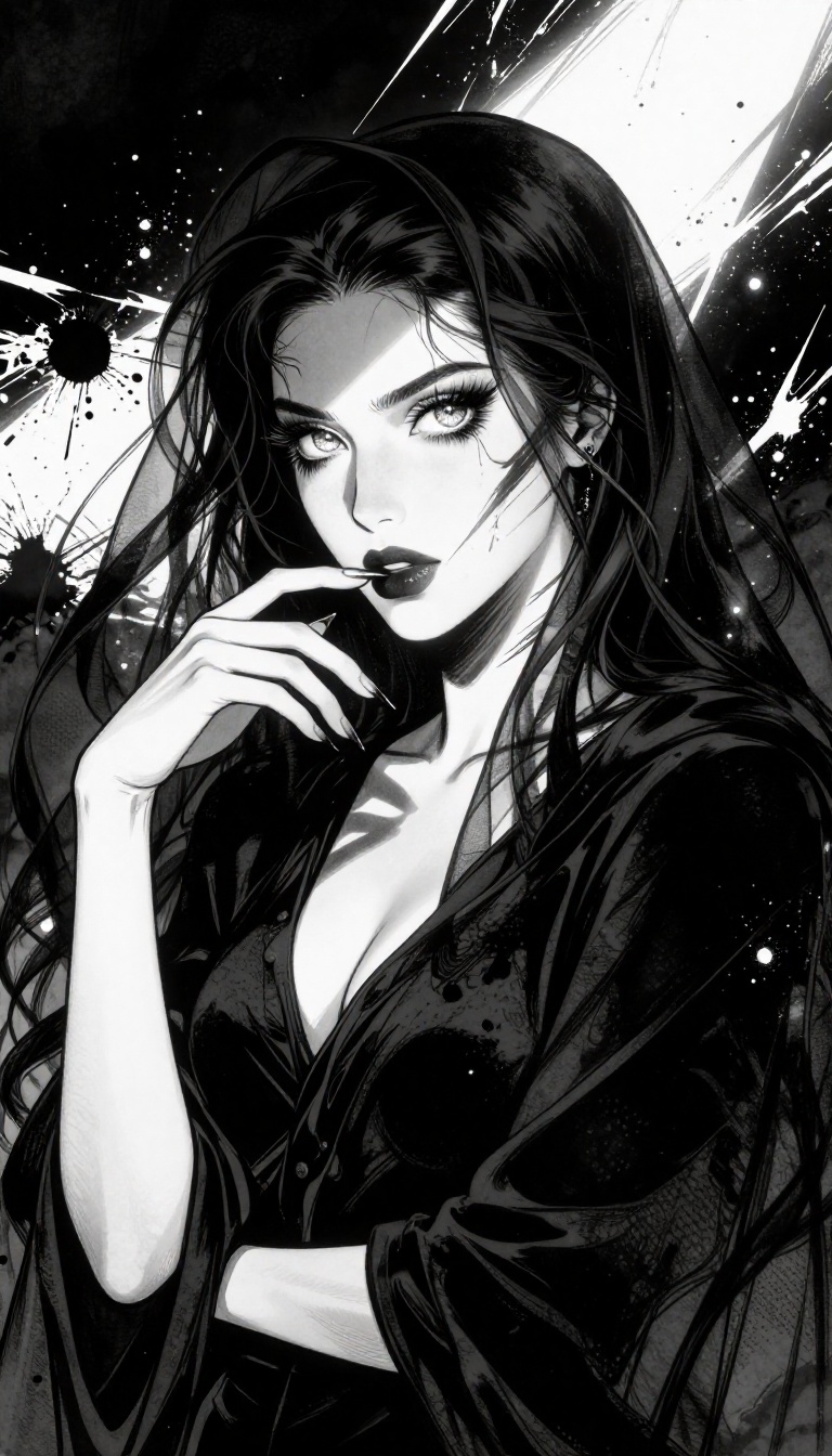 mixed-media comic panel :: A haunting femme fatale emerges from a sea of velvety black ink in a hyper-stylized 2025 noir c...