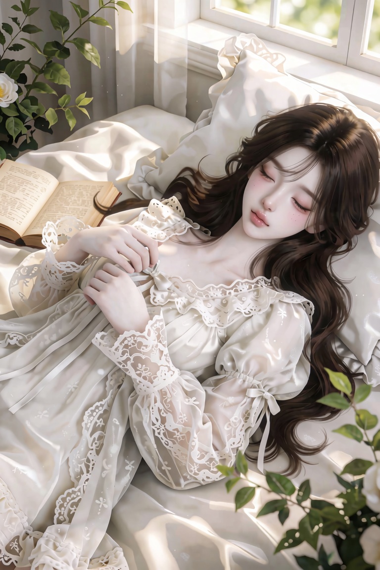 A beautiful young East Asian woman with long wavy dark brown hair lying on her back on a soft white bed,  eyes closed in p...