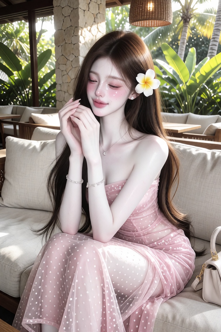 A beautiful young East Asian woman with long straight brown hair cascading over her shoulders,  a white plumeria flower tu...