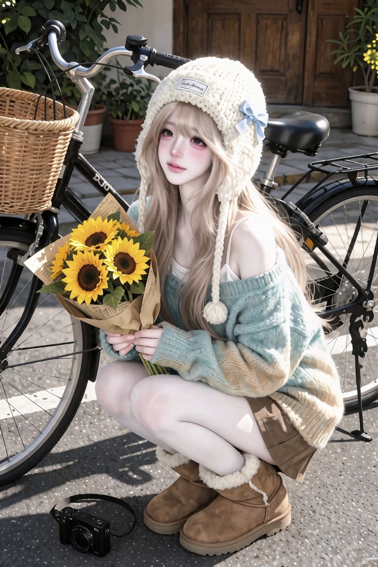 A young East Asian woman with soft pastel-blonde hair and fair skin,  crouching low in a squatting pose on a gray asphalt...