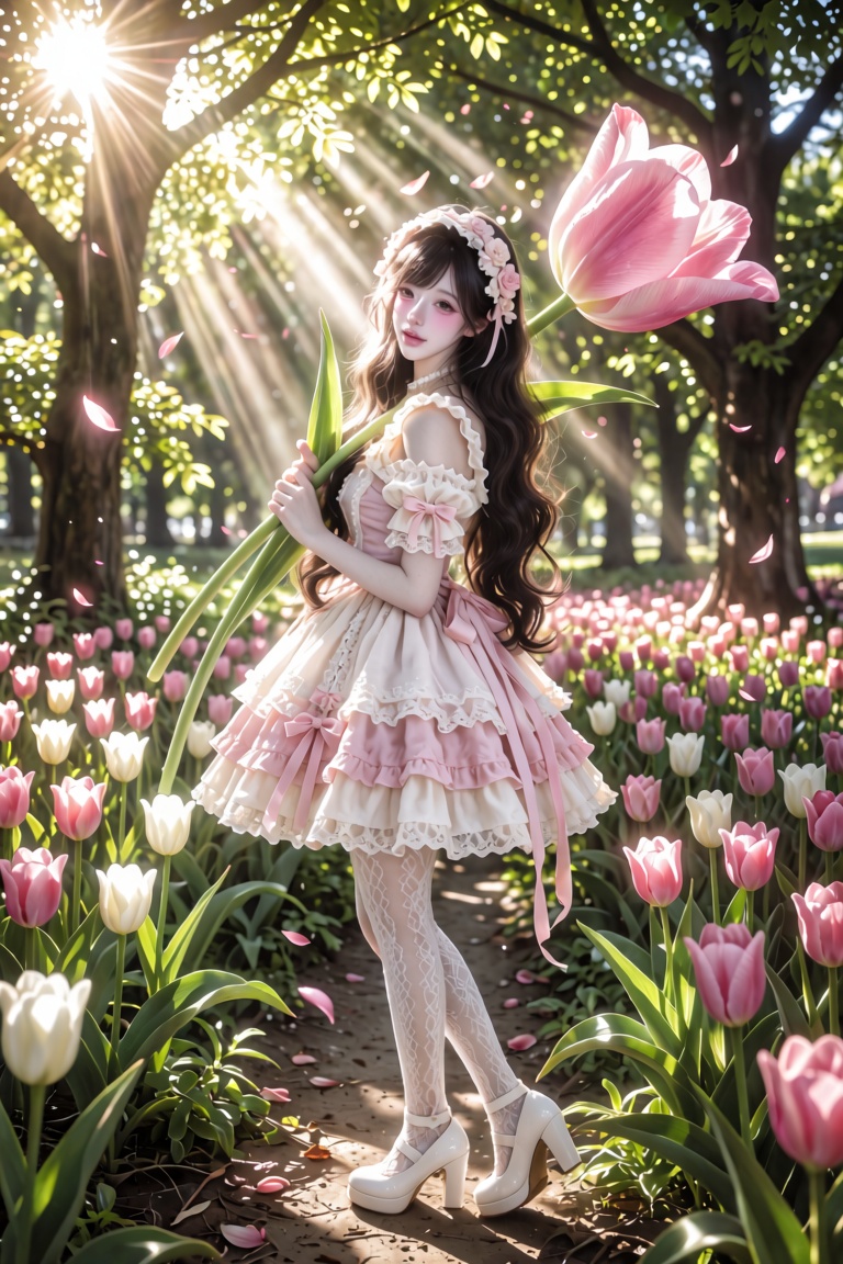 A young East Asian woman with long wavy dark brown hair,  standing on a dirt path in a magical forest,  looking back over...