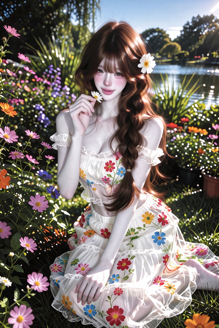 A young East Asian woman with fair skin and soft makeup sitting on lush green grass in a sunny flower garden. She has long...